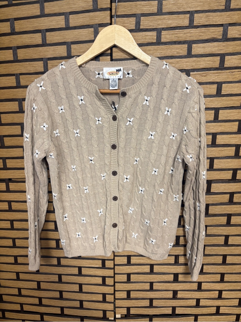 Talbots tan floral cable knit cardigan size P (XS Petite)